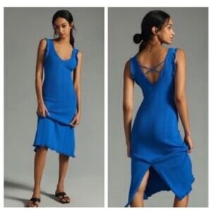 Daily Practice Anthro Blue Ribbed Knit Ruffle V-Neck Midi Back Slit Dress L